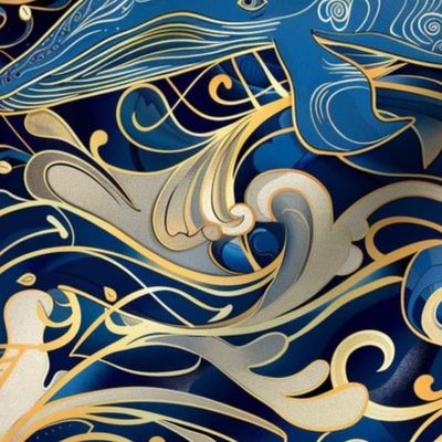 art nouveau blue whale in watercolor gold