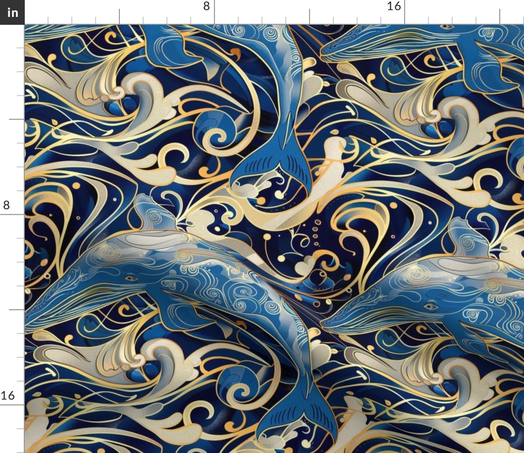 art nouveau blue whale in watercolor gold