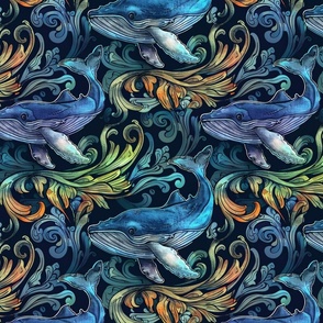 pastel kawaii art nouveau blue whale damask print