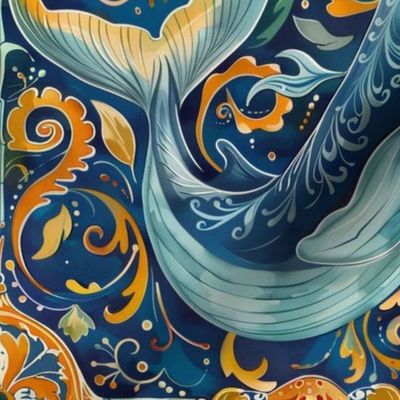 golden pattern of art nouveau blue whale