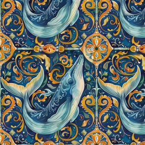 golden pattern of art nouveau blue whale