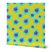 Blue flowers on Yellow Background - Floral Photography - Blue Purple Floral Photography / Blue Purple Flowers