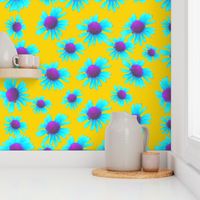 Blue flowers on Yellow Background - Floral Photography - Blue Purple Floral Photography / Blue Purple Flowers