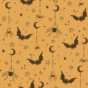 halloween bats flying in the sky charcoal on mustard yellow