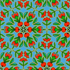 Folk Art Tulips and Radishes Hexagon Red and Green on Blue