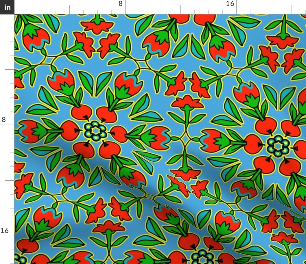 Folk Art Tulips and Radishes Hexagon Red and Green on Blue