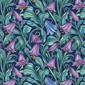 art nouveau bluebell botanical in purple blue and green