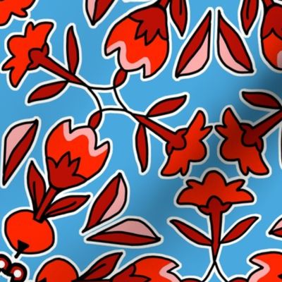 Folk Art Tulips and Radishes Hexagon Reds on Blue