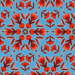 Folk Art Tulips and Radishes Hexagon Reds on Blue
