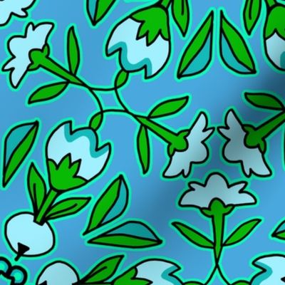 Folk Art Tulips and Radishes Hexagon Baby Blue Mint Green and Green on Blue
