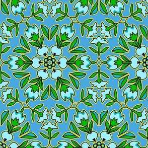 Folk Art Tulips and Radishes Hexagon Baby Blue and Green on Blue
