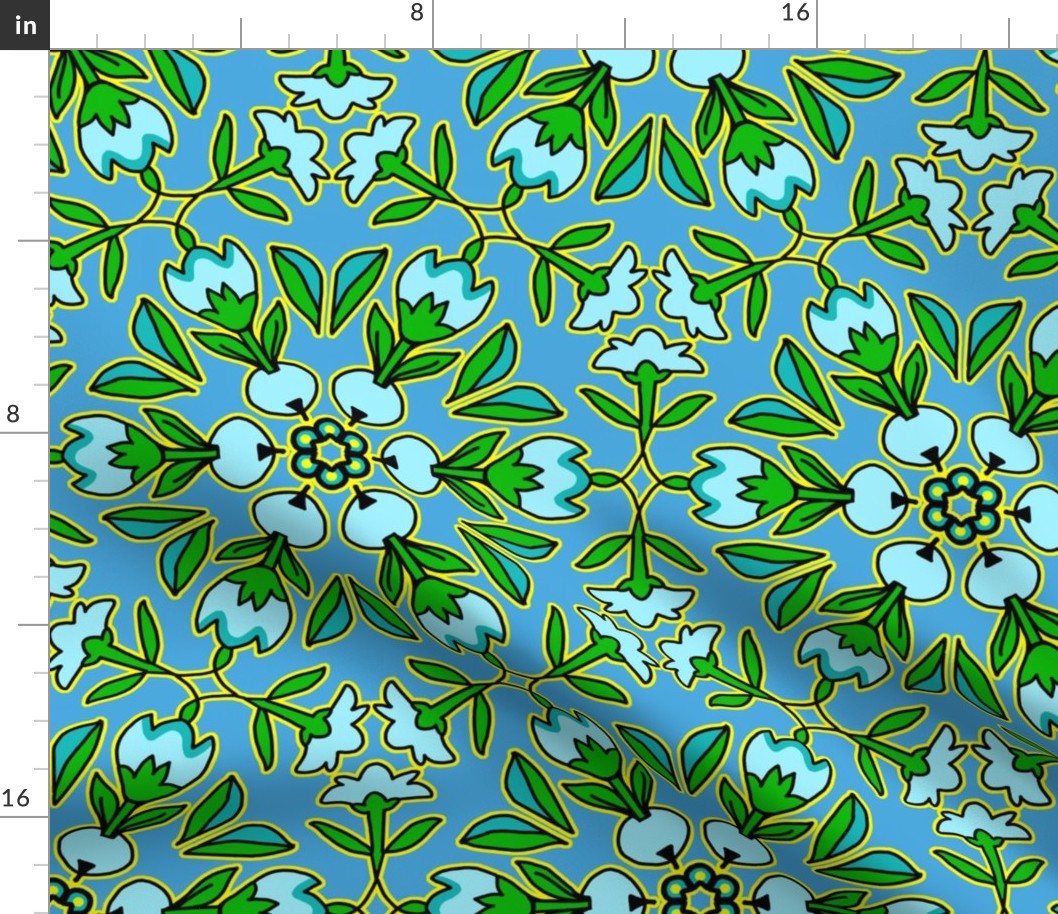 Folk Art Tulips and Radishes Hexagon Baby Blue and Green on Blue