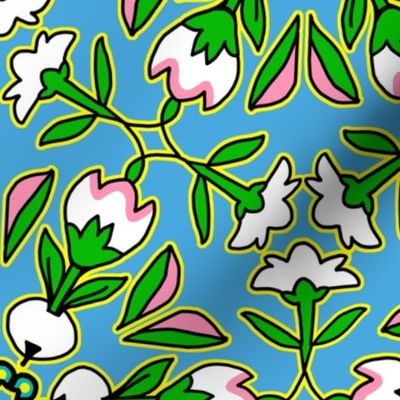 Folk Art Tulips and Radishes Hexagon Pink White and Green on Blue