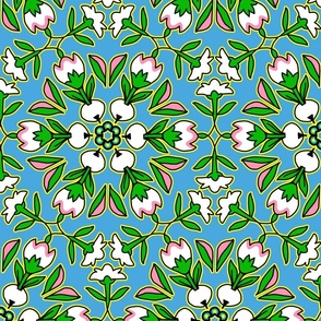 Folk Art Tulips and Radishes Hexagon Pink White and Green on Blue