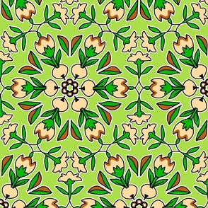 Folk Art Tulips and Radishes Hexagon Peach and Brown on Greens