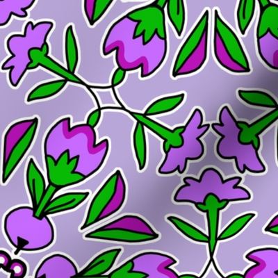 Folk Art Tulips and Radishes Hexagon Purples and Green