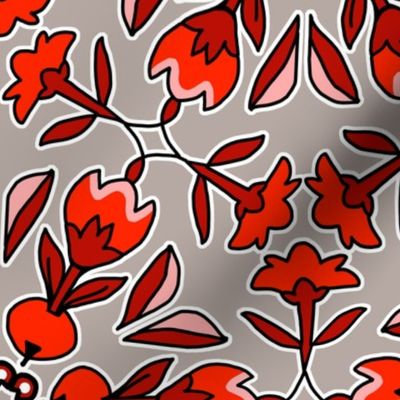 Folk Art Tulips and Radishes Hexagon Reds on Gray