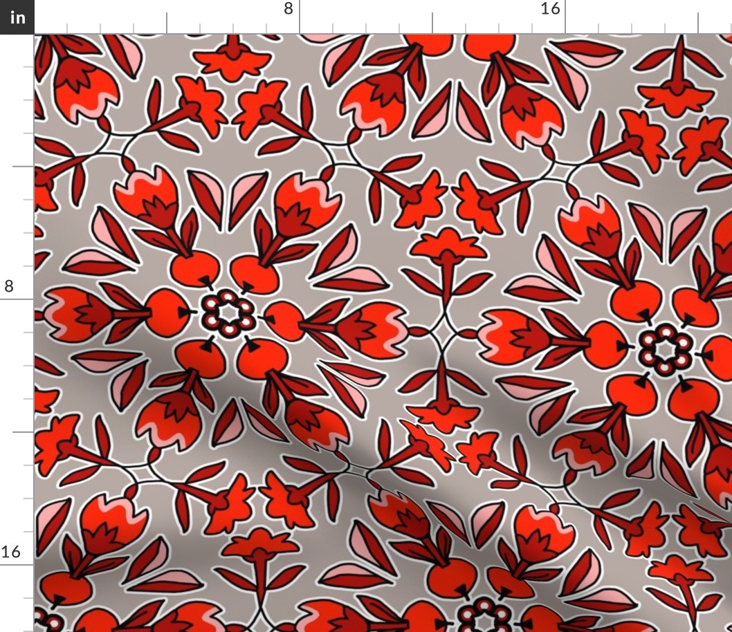 Folk Art Tulips and Radishes Hexagon Reds on Gray
