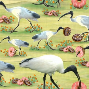 Hilarious Funny Bird Pattern, Amusing Animal Humour, Wacky Crazy Kids Yellow and Green Picnic Blanket, Fun Aussie Popular Culture, Black Headed Ibis Eating Sweet Iced Donuts, MEDIUM SCALE