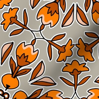 Folk Art Tulips and Radishes Hexagon Orange and Brown on Gray