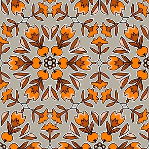 Folk Art Tulips and Radishes Hexagon Orange and Brown on Gray