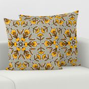 Folk Art Tulips and Radishes Hexagon Yellow and Brown on Gray