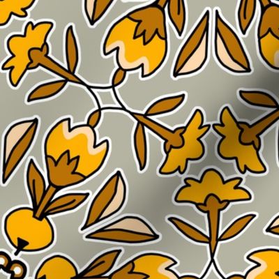 Folk Art Tulips and Radishes Hexagon Yellow and Brown on Gray