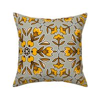 Folk Art Tulips and Radishes Hexagon Yellow and Brown on Gray