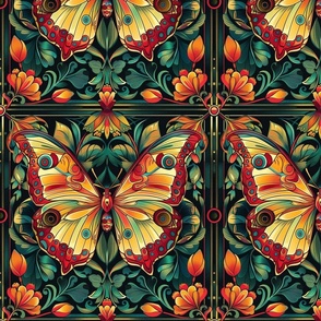 art nouveau butterfly botanical in red gold