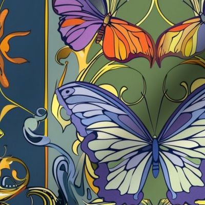 art nouveau butterfly panels in purple blue and green