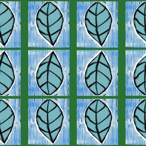 Block print blue-green leaves on a green background 