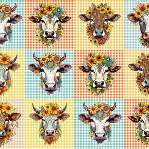 Smaller Boho Cows and Sunflowers Patchwork Gingham
