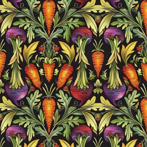 art nouveau carrots and radishes in purple green and orange