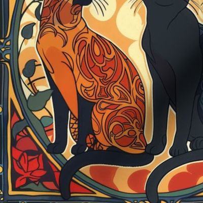 art nouveau cat botanical in siamese, black and gray