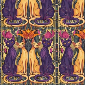 art nouveau purple and gold cats