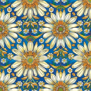 art nouveau gold and white daisies on a blue background