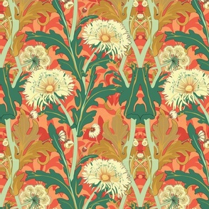 art nouveau white dandelions in peach red and green
