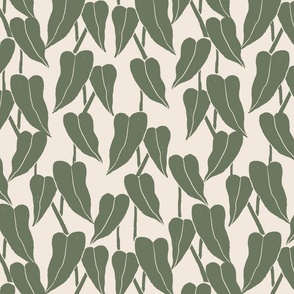 SMALL HAND DRAWN BOTANICAL TEXTURED WOODBLOCK LEAVES_KHAKI GREEN-OFF WHITE IVORY