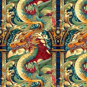 art nouveau blue green dragon in japanese ocean