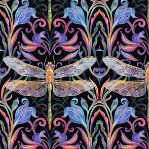 art nouveau dragonfly botanical in pink purple 