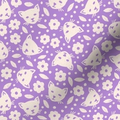 ditsy kitty cute cat kitten face tiny garden floral two color violet purple blender coordinate simple flower hand drawn child bedding fun accessories