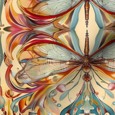 art nouveau dragonfly in orange red and blue