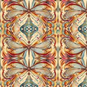 art nouveau dragonfly in orange red and blue