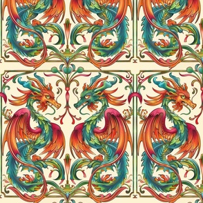 art  nouveau winged green dragon with orange red