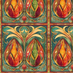 art nouveau orange red easter egg with green