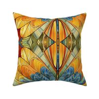 summer tropic art nouveau feather fans in orange gold and blue green