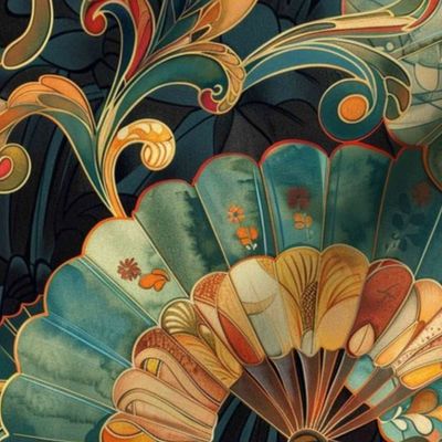 art nouveau feather fans in teal green and orange red gold