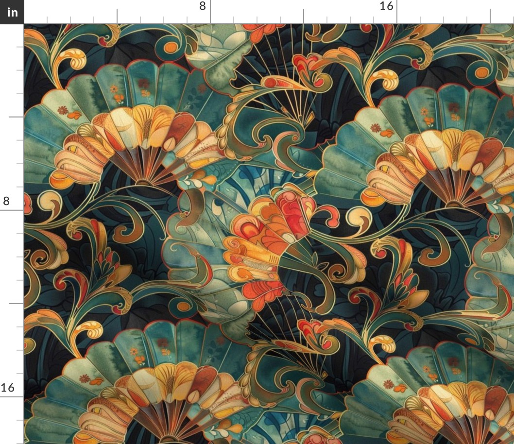 art nouveau feather fans in teal green and orange red gold