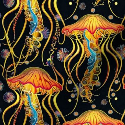 dance of the art nouveau underwater jellyfish in peach orange and black blue