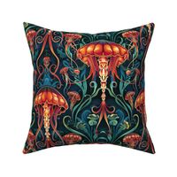 art nouveau jellyfish in orange red and aqua blue